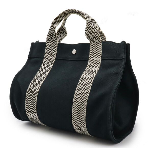 HERMES Cannes MM Tote Bag Hand Bag Canvas Black x Beige w/ Pouch Authentic - Picture 1 of 16